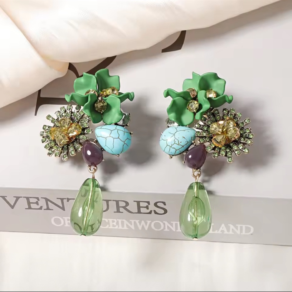 Zara Floral Green Gemstone Drop Earrings - Picture 5 of 5